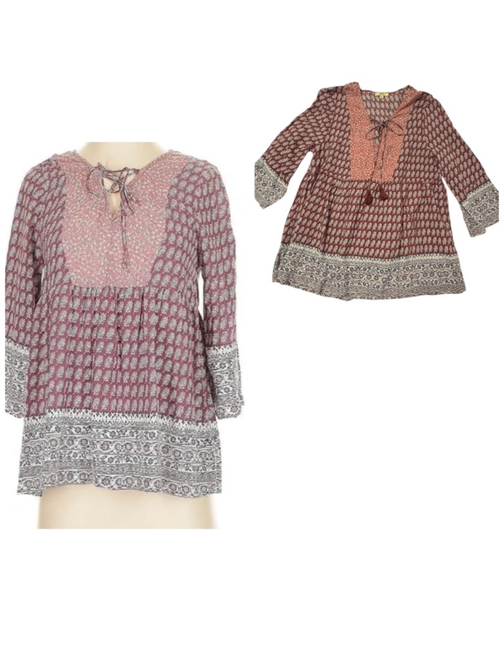 Boho Mixed Print Peasant Tunic — Rust, Navy & Creme, Medium, Kori